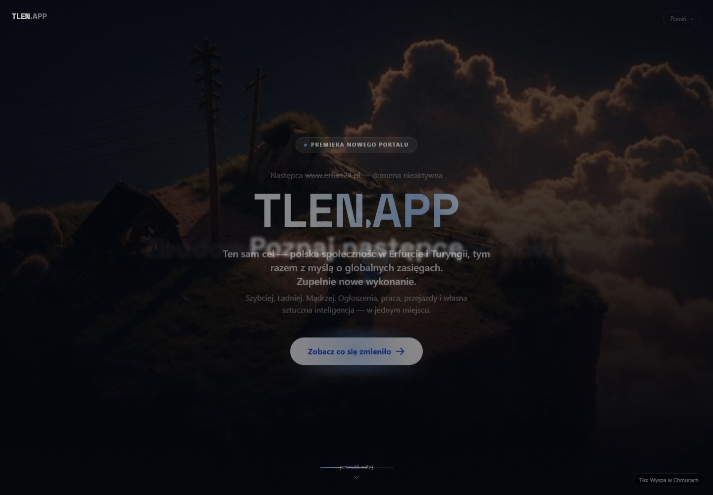 Zrzut ekranu strony powitalnej TLEN.APP